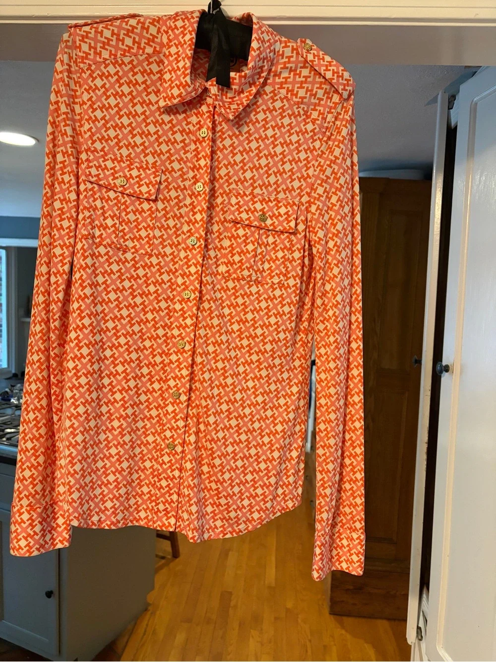 Orange/pink and White Geometric Button-Up Blouse